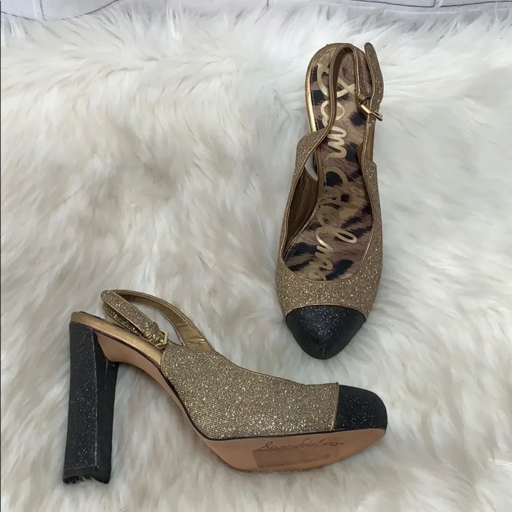 Sam‎ Edelman Finn Glitter Gold/Black Heels Sz 8.5